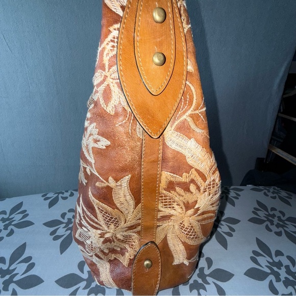 Donald J. Pliner Leather Embroidered Floral Patterned Hobo Bag in Brown Orange - Picture 11 of 16
